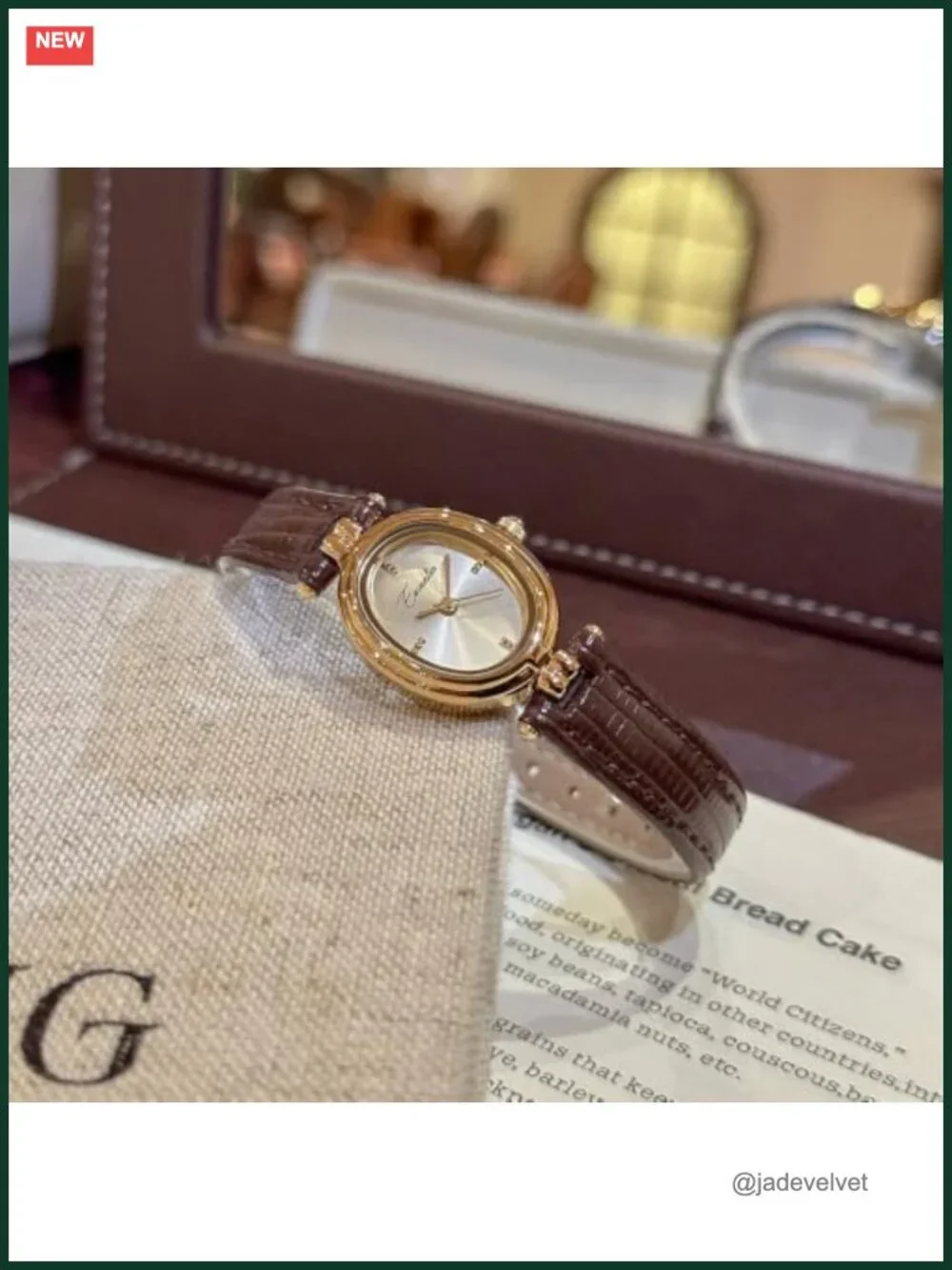 Vintage Gold Oval Quartz Wrist Watch for Women, Genuine Leather Band,